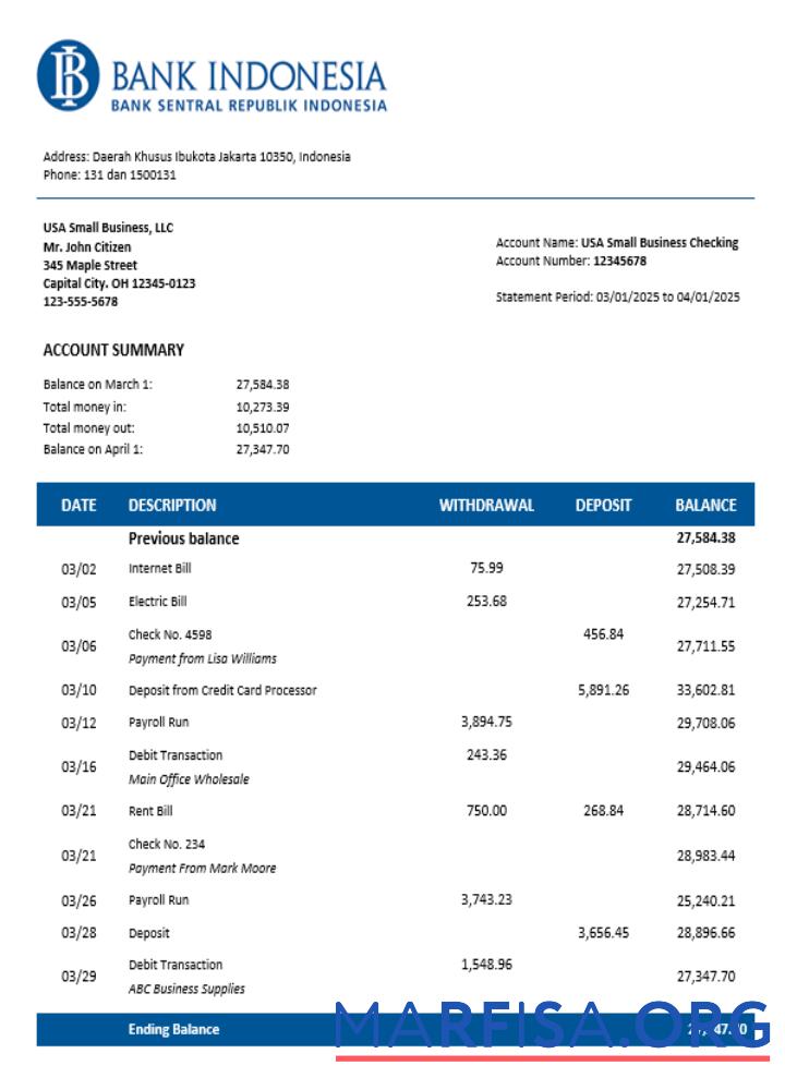 Printable Bank Indonesian company checking account statement Word and PDF template